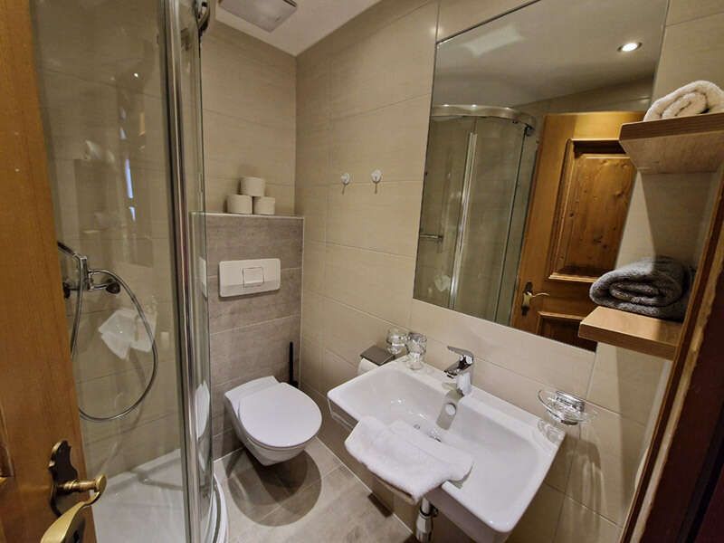 Badezimmer mit Dusche, Waschbecken und WC im Appartement 3