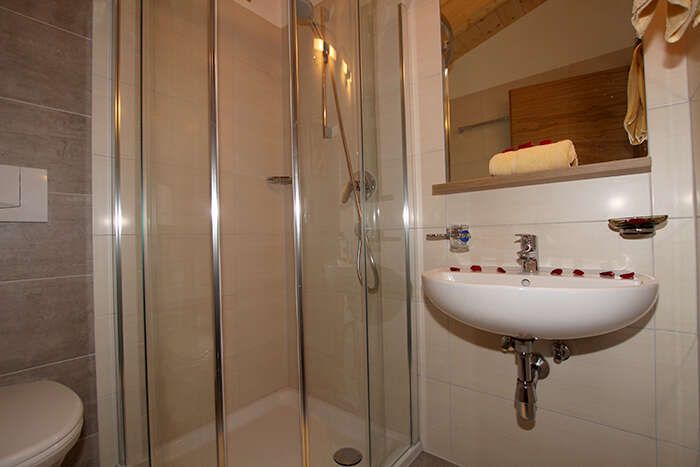 Bad mit Dusche und WC im Appartement 3 im Apart St Hubertus