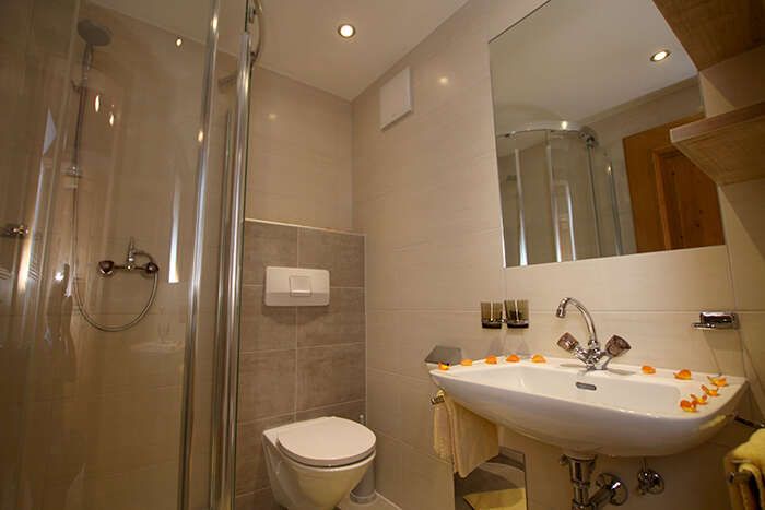 Bathroom with shower and toilet in apartment 3 in Apart St Hubertus am Arlberg