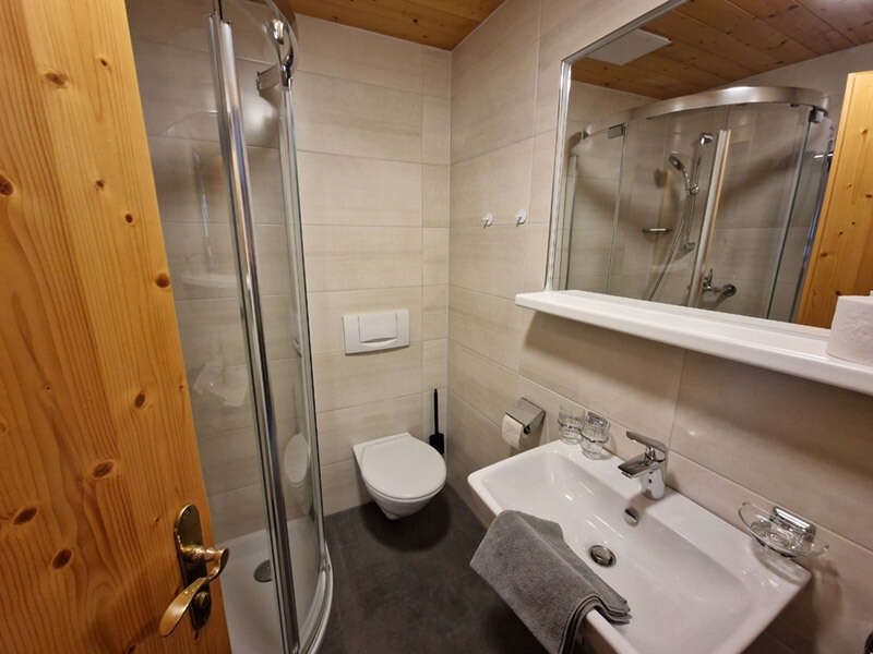 Bathroom with shower, washbasin and toilet in apartment 1